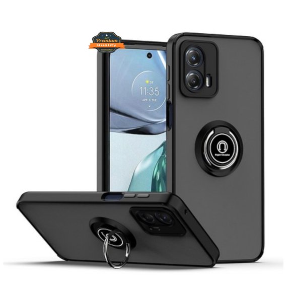Xpression Phone Case For Motorola Moto G 5G 2025 Translucent Matte Back Hybrid with Rotatable Metal Ring Holder Kickstand Shockproof TPU (Fit Car Mount) Cover, Black