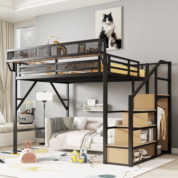 New Queen Size Loft Bed with Stairs, Metal Queen Loft Bed with Storage Shelves, High Loft Bed with Wardrobe Adults, Black