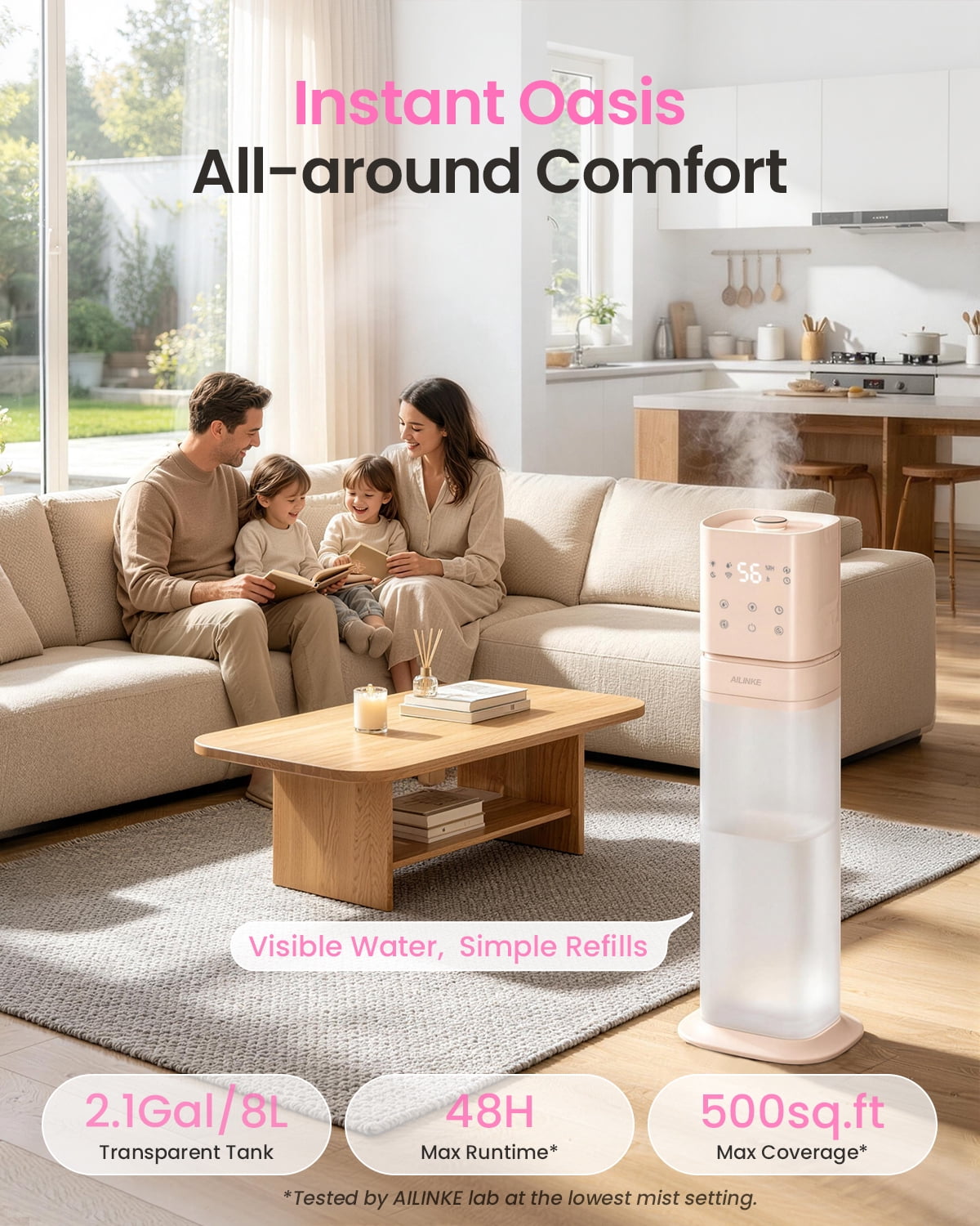 Smart Humidifier Large Room, 2.1Gal/8L Humidifiers for Bedroom with Extended Tube&Night Light, Whole House Cool Mist Humidifiers, WIFI App&Voice Control, School/Office/Warehouse, Pale Pink