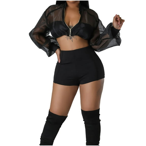 REORIAFEE 2 Piece Outfits for Women Casual Streetwear Set Cute Summer Outfits Fashion Women's Short Sleeve Round Neck Elastic Sequin Blouse Shirts Sets Black L