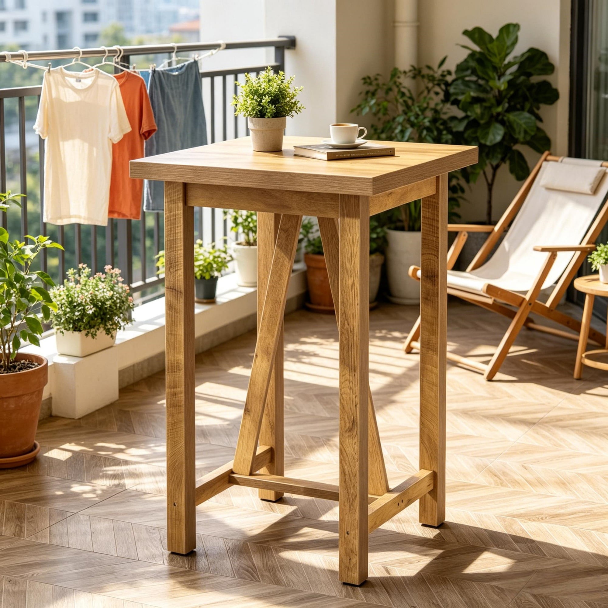 Square Compact Bar Table with Footrest Stretcher, Natural Wood Grain Farmhouse Counter Height Table for Small Kitchen Breakfast Coffee Bar, Holds 110 LBS