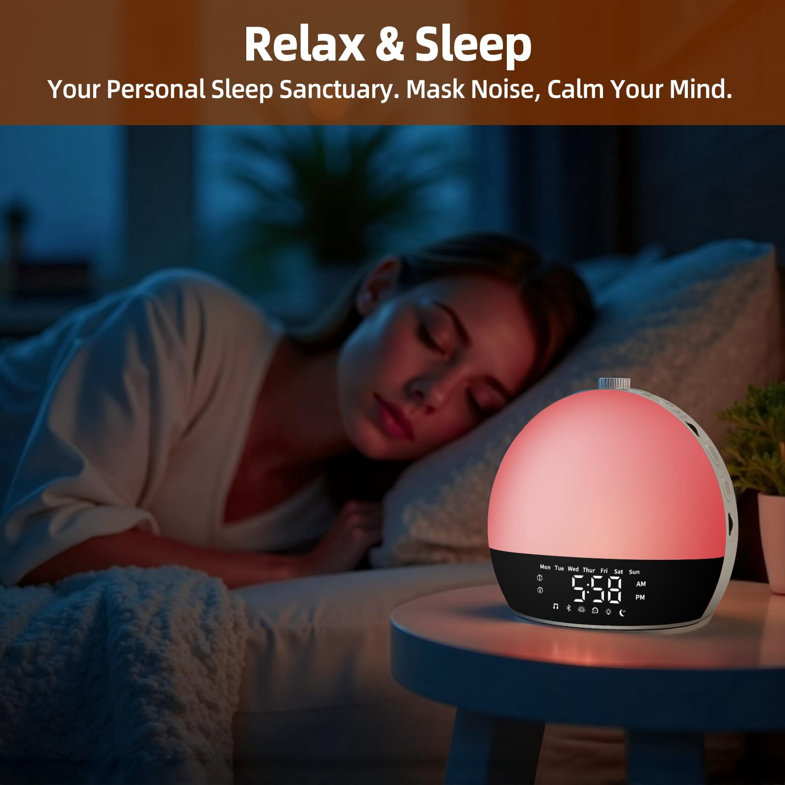 Sunrise Alarm Clock Sound Machine, Wake Up Light with Sunset Simulation, Dimmable Clock for Bedroom, Night Light & 25 Sleep Sounds, White Noise Machine,Wake Up Light Alarm Cloc