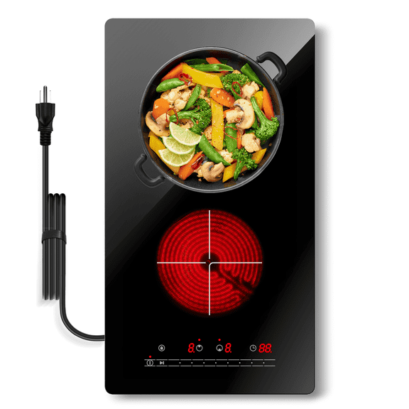 Double Burner Electric Cooktop Hot Plates for Cooking, 110V Plug in Portable Electric Stove Top, 12 Inch Countertop & Built -in Radiant Ceramic Glass Cooktop with Slide Control, 2000W