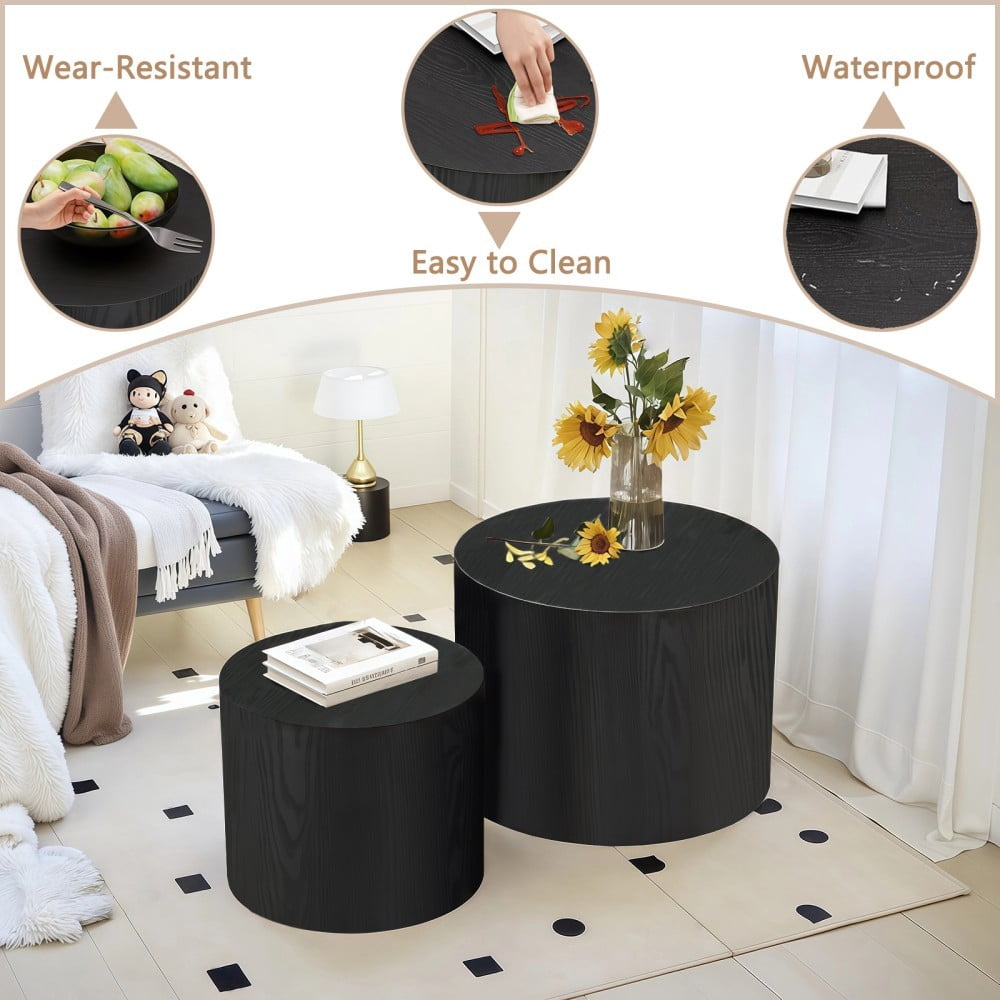 Nesting Coffee Table Set of 2, Modern Round Wood Side Tables with Non-Slip Feet, Small End Tables for Living Room, Bedroom, Office, Balcony, Small Spaces, Matte Black