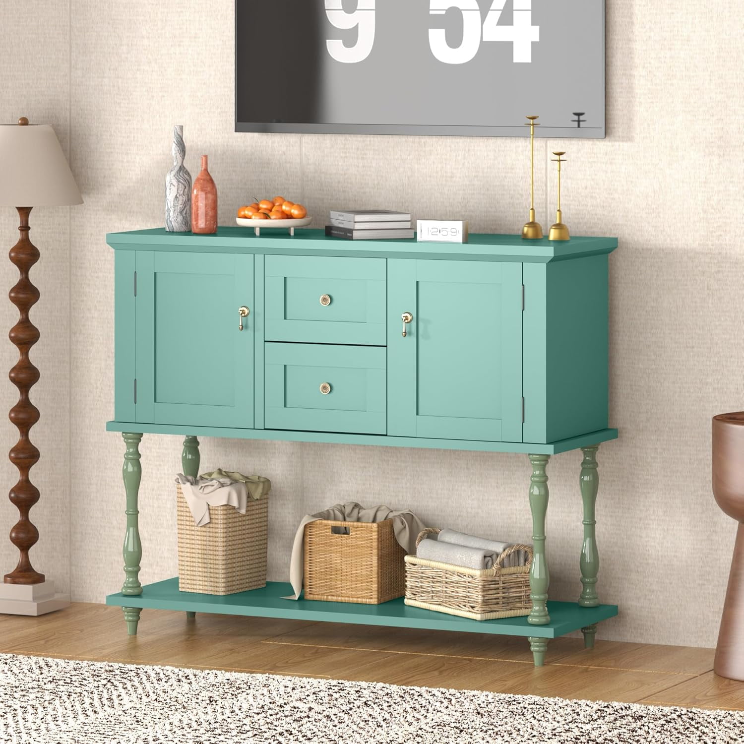 QinaQin Entryway Table with 2 Drawers,Vintage Console Table with Storage Shelf and 2 Doors,Farmhouse Buffet Sideboard Cabinet for Hallway,Entryway,Green