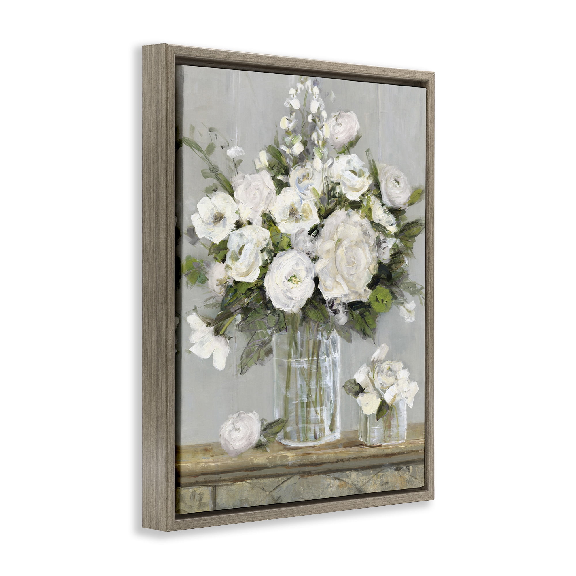 Stupell Industries Country White Full Blossoms Botanical & Floral Painting Brown Floater Framed Canvas Art Print Wall Art, 17 x 21
