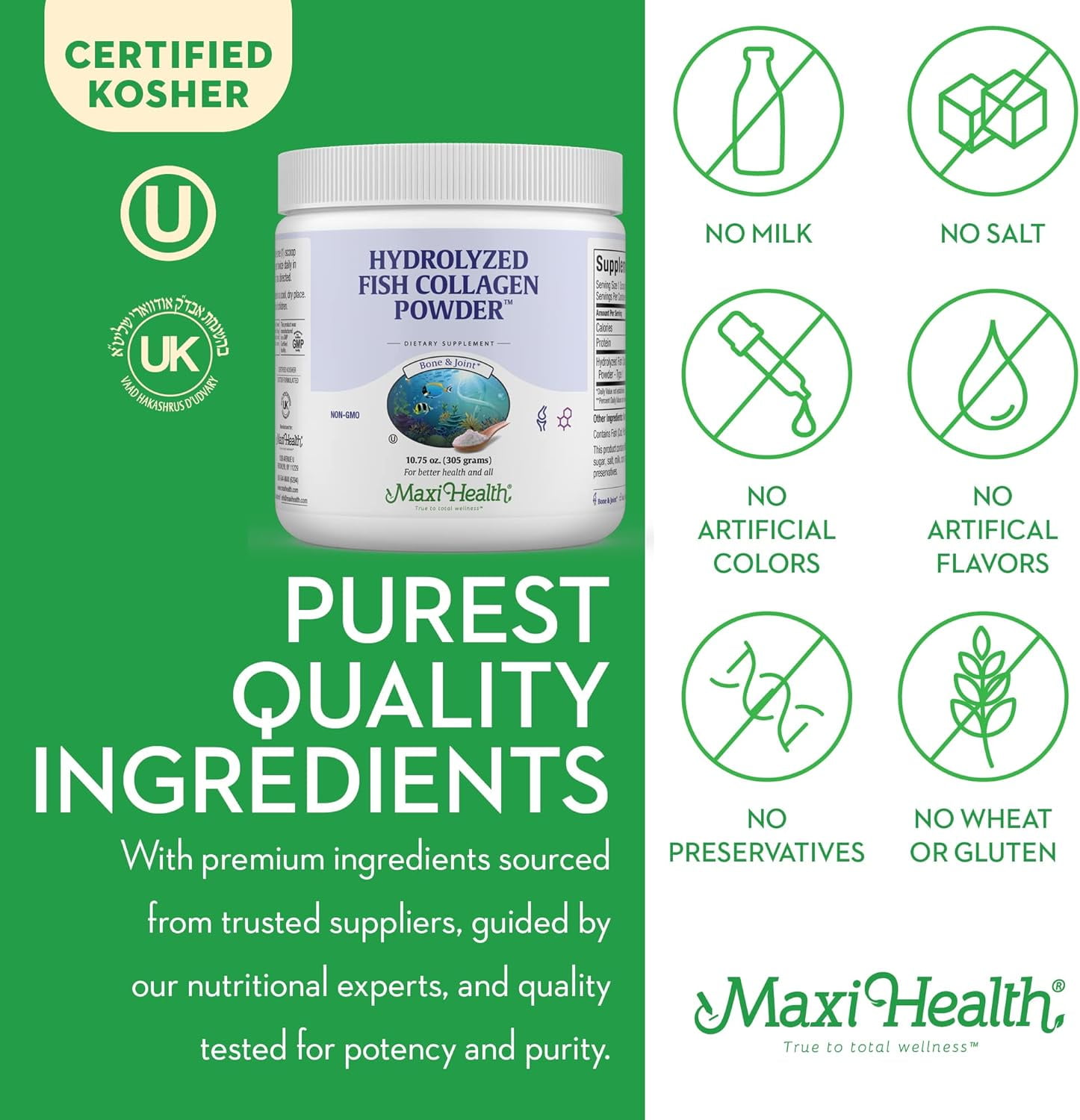 Maxi Health Marine Collagen Powder – Type I Hydrolyzed Protein for Skin, Hair, and Joint Support – 10.75 oz