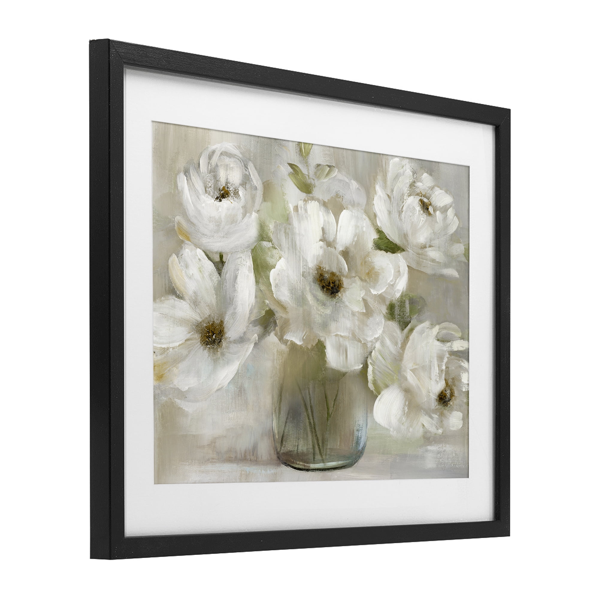 Stupell Industries Gentle White Petals in Vase Black Framed Print Under Glass, design by Nan