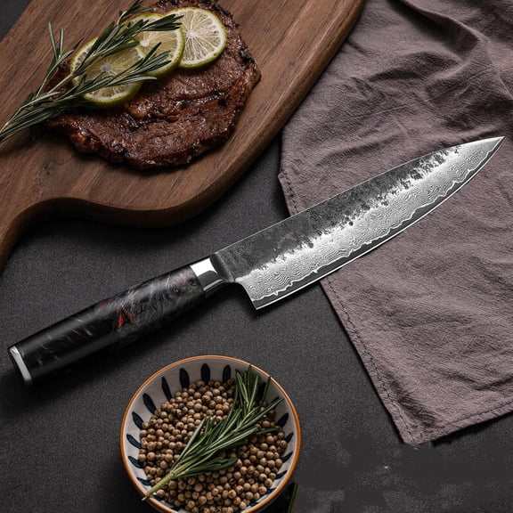 Japanese Chef Knife, Damascus Kitchen Knife with VG10 Steel Core, Professional Forged Kitchen Knives with Ergonomic Handle, Leather Sheath & Gift Box