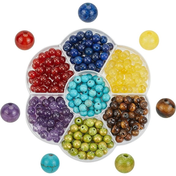 1 Box 280Pcs 7 Beads Natural Gemstone Geniune Stone Colorful Round Healing Energy Loose Bead Jade Agate for Jewelry Making DIY Bracelets Crafts Supplies 6MM colorful