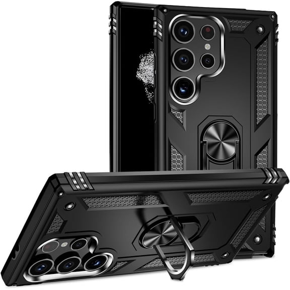 Design for Samsung Galaxy S24 Ultra Phone Case with Magnetic Ring Holder Kickstand Cell Phone Cover Heavy Duty Rugged Shockproof Military Grade Bumper Protective Cases for Women Men 6.8 inch Black