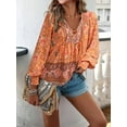 thumbnail image 2 of ZOELNIC Women's Boho Floral Print Blouse Dressy V-Neck Lantern Sleeve Top with Drawstring Detail, Casual Long Sleeve Shirt for Work or Weekend, XL, 2 of 6