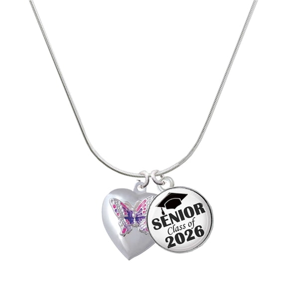 Delight Jewelry Silver-tone Pink & Purple Butterfly Locket - Silvertone Senior Class of 2026 Dome Necklace, 18"