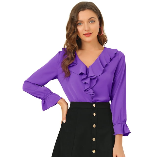 Blusa de gasa con cuello en V con volantes para mujer, manga de pulsera, blusa campesina vintage Morado oscuro M