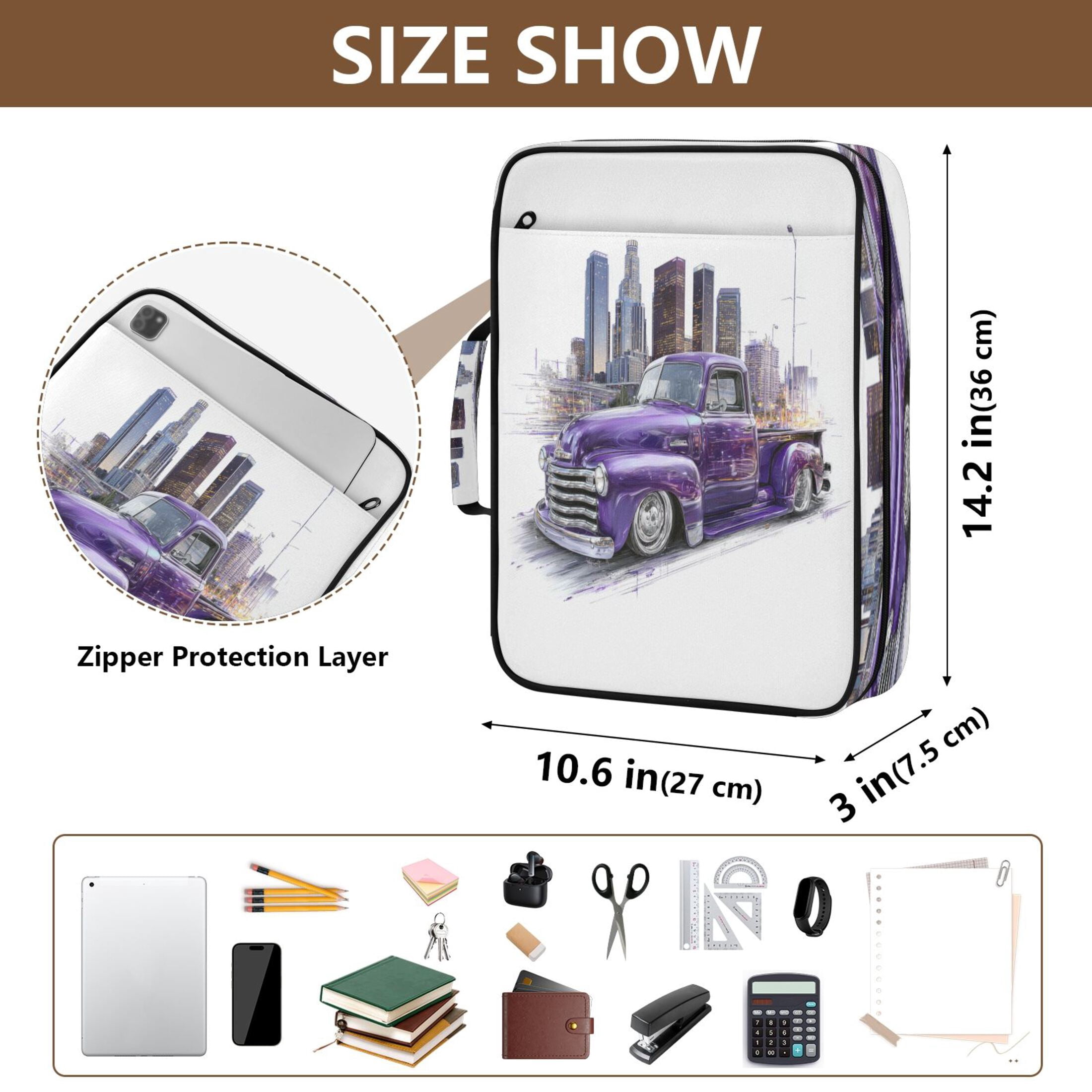 3 Ring Zipper Binder with Accordion File Organizer Waterproof Back to College Binder - 7 Layer Document Organizer for Study Home Office College Travel Supplies Vintage Purple Truck
