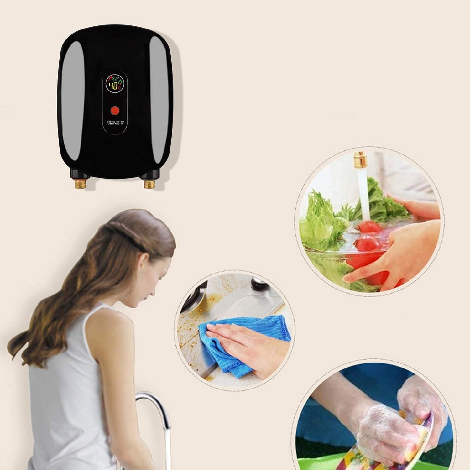 Miumaeov Electric Tankless Water Heater, 110V 3000W Mini Electric Tankless Instant Hot Water Heater Instant Electric Water Heater