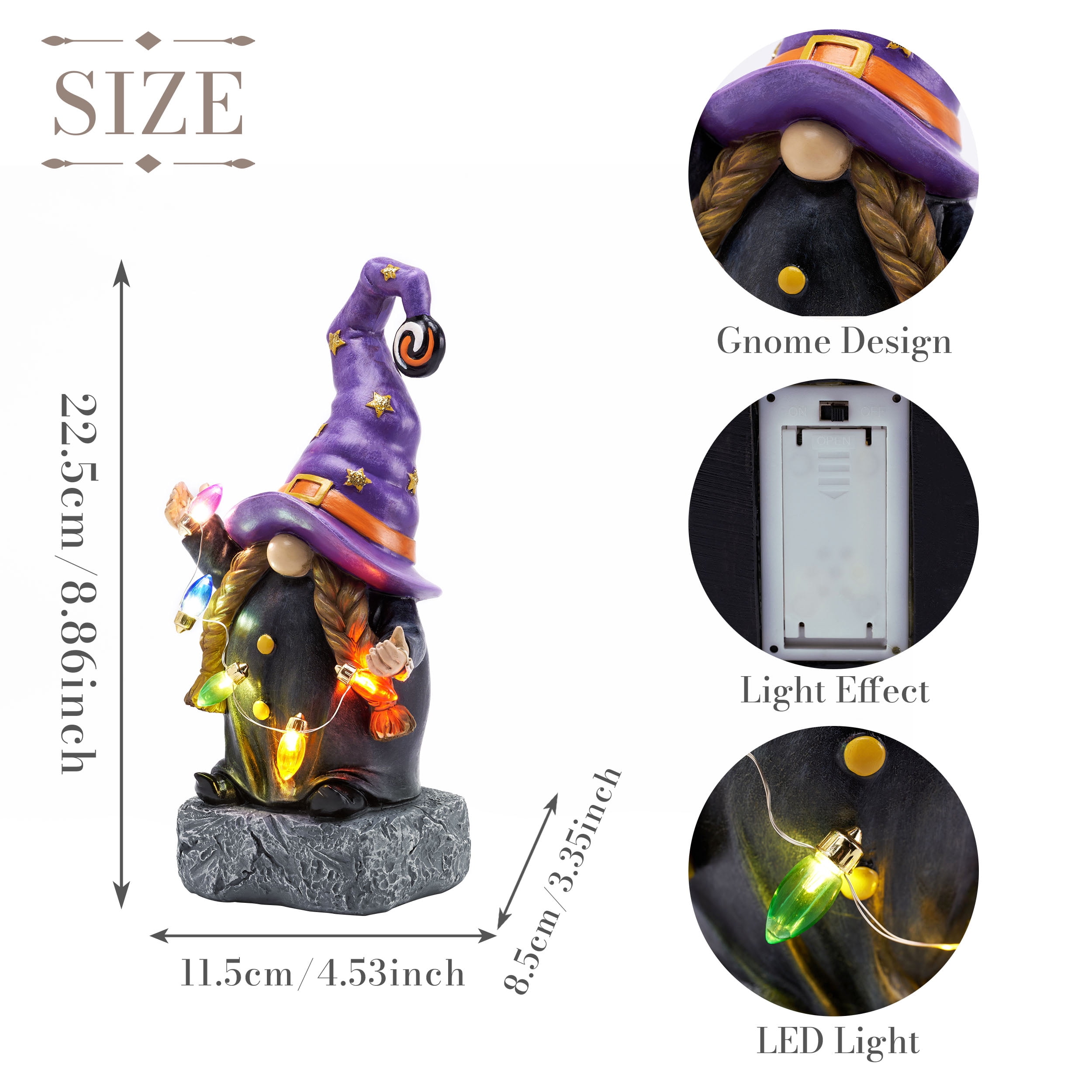 Teresa's Collections 8.8 inches Halloween Gnome Lighted Witch Hat Gnome Garden Statue Halloween Decor with Solar Colorful String Lights for Yard Patio Halloween Party Decoration