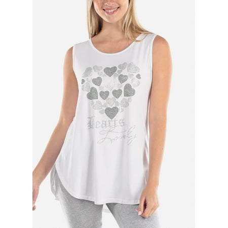 Rhinestone Printed Top - Women's Junior Ladies Casual Super Stretchy Rhinestone Hearts Lovely Print Sleeveless White Tunic Tank Top 40134R