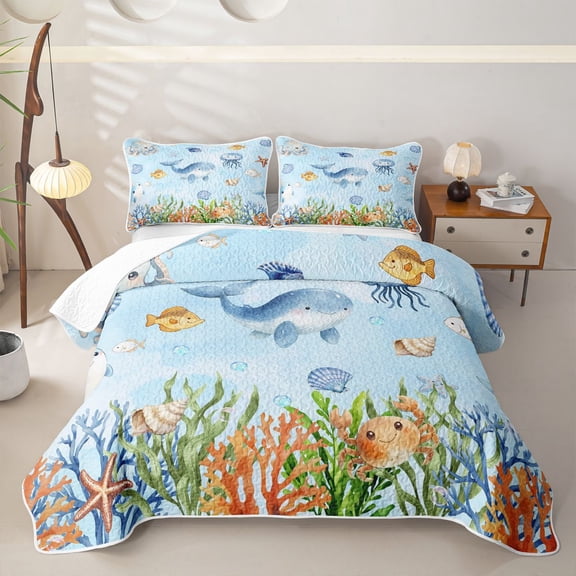jejeloiu Watercolor Ocean Life Twin Quilt Set,Whale Print Twin Coverlet Set For Boys,Blue White,2 Pieces