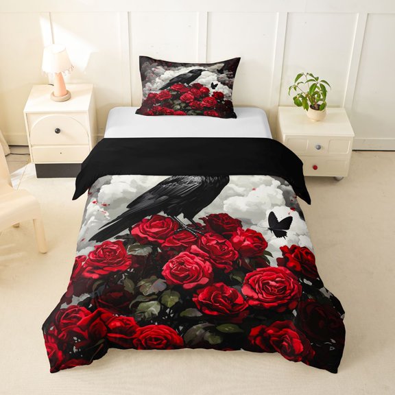 Homewish Gothic Raven Red Rose Twin Duvet Cover for Kids, Romance Bird Butterfly Twin Bedding, Black Reversible, 2pcs, 1 Duvet Cover and 1 Pillowcase