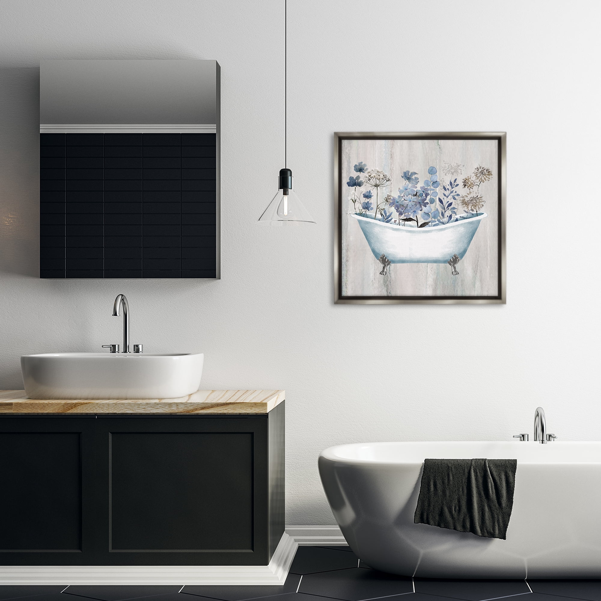 Stupell Industries Rustic Blue Floral Tub Bath & Laundry Painting Gray Floater Framed Canvas Art Print Wall Art, 25 x 25