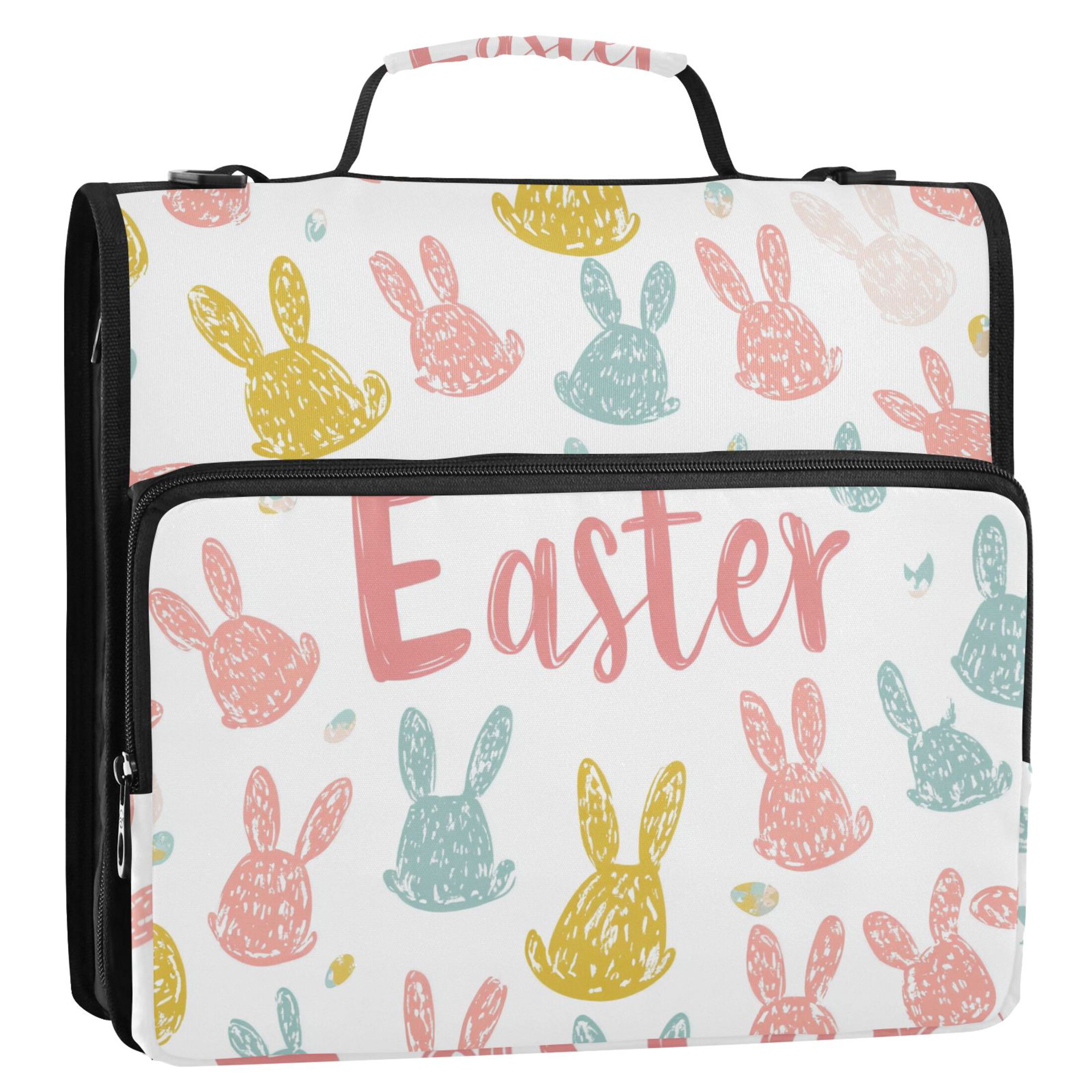 3 Ring Zipper Binder with Shoulder Strap Waterproof Trapper Keeper 2 Inch D-Ring 500 Sheets Capacity Colorful Bunnies and Eggs