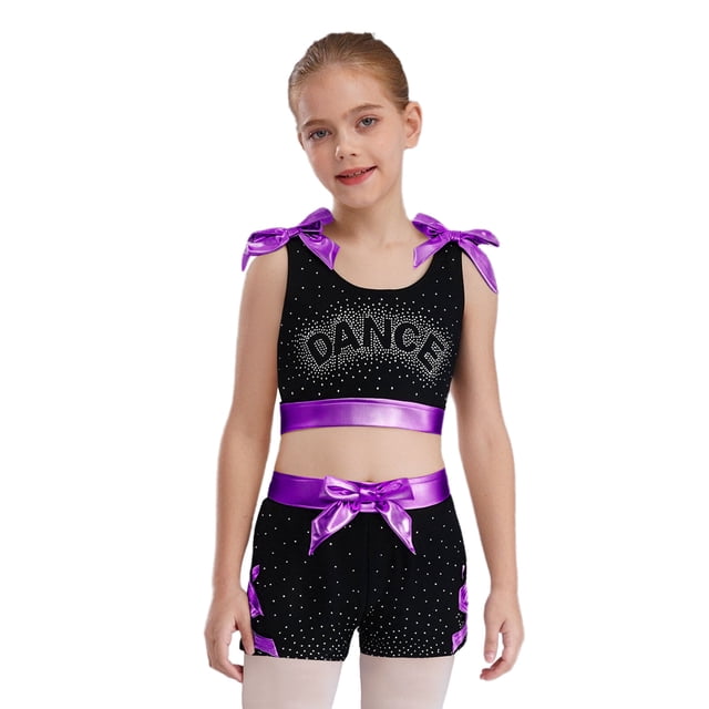 Jizyo Kids Girls Rhinestone Print Crop Tank Tops and Shorts Set for Gymnastic Dance Training Purple 12