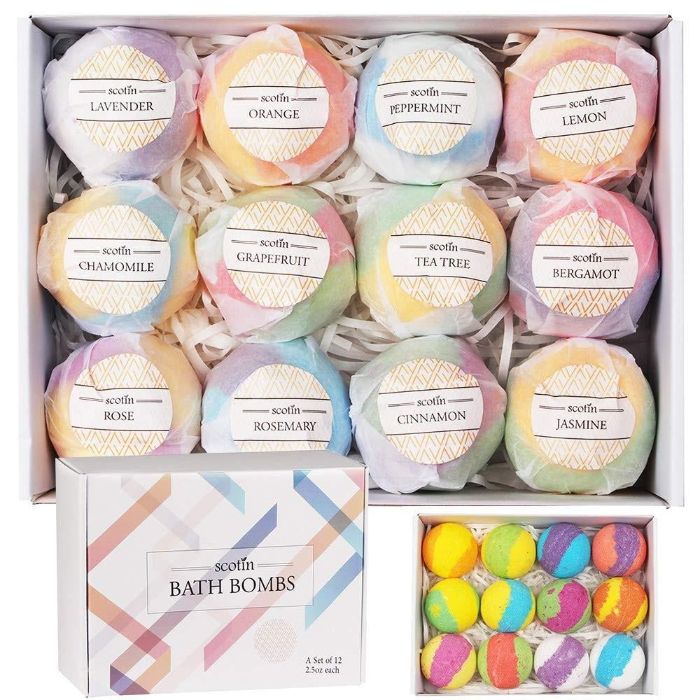 Bath Bombs Gift Set for Women, 12 Pack Organic Bath Bombs with Essential Oil, Handmade SPA Bubble Bath for Relaxing, Basket Set for Mothers Day Gifts for Mom, Spa Relaxing Self Care