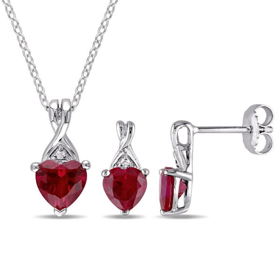 AMOUR 3 3/4 CT TGW Created Ruby and Diamond Heart Twist Pendant with Chain and Earrings 2-piece Set In Sterling Silver