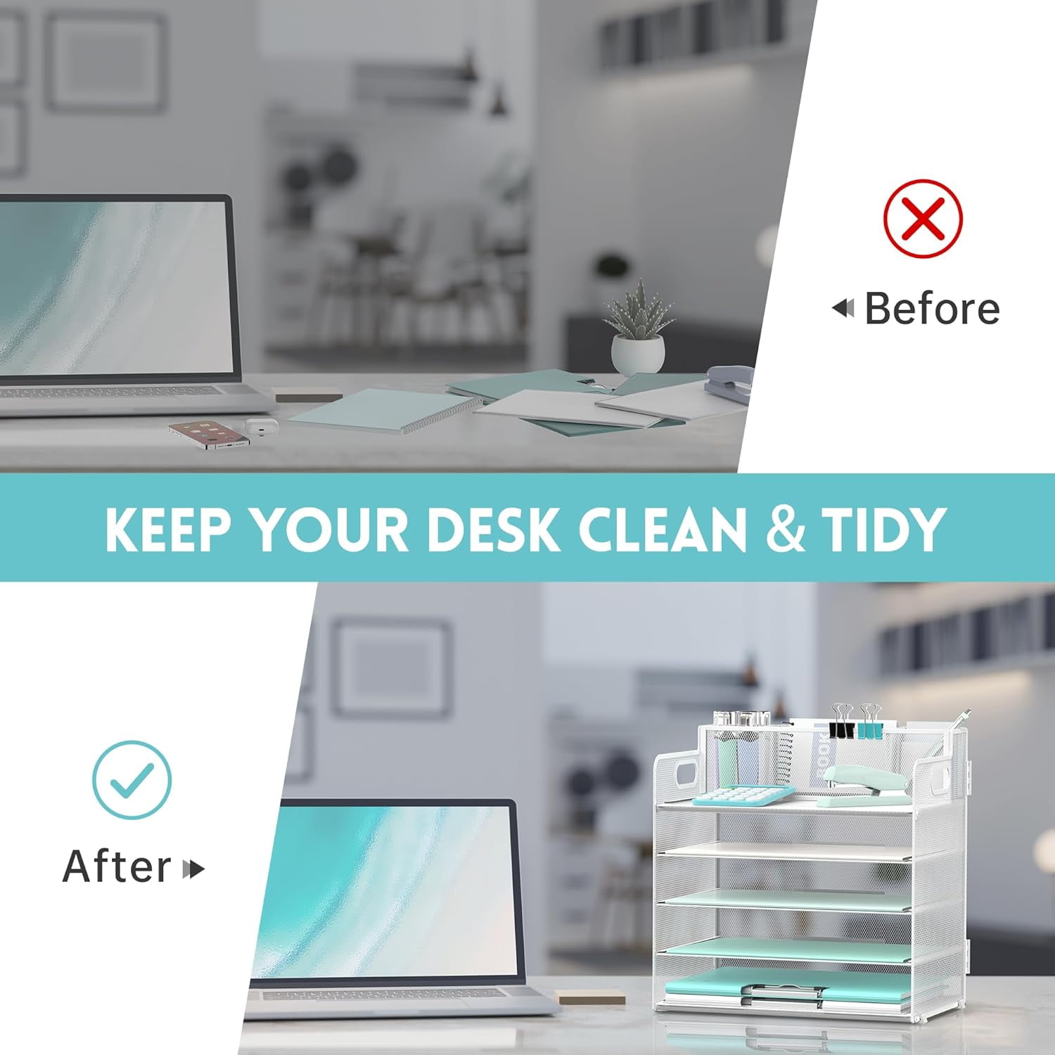INTIGE 5 Trays Paper Organizer with 3 Pencil Holders-Letter Tray Desk Organzier with Handle (White)