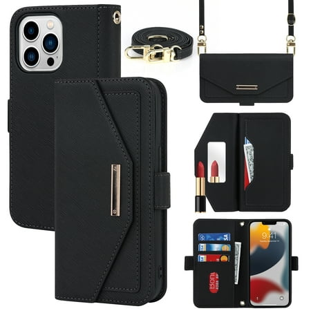 Compatible with iPhone 13 Pro Max Wallet Case, Premium PU Leather Card Slots Removable Adjustable Crossbody Strap Magnetic Leather Case with Kickstand & Make-up Mirror for iPhone 13 Pro Max, Black