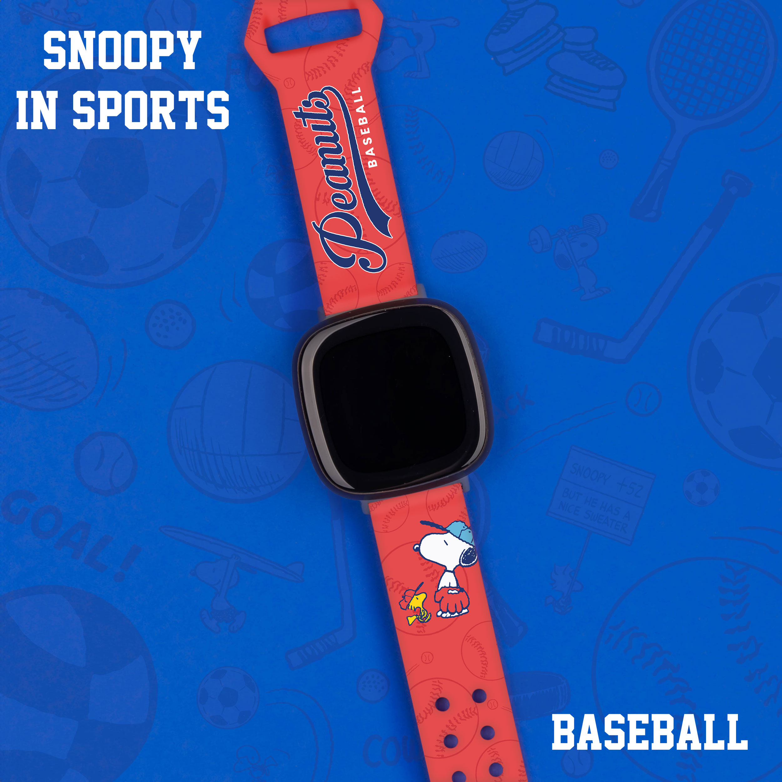Peanuts Snoopy in Sports HD Unisex Watch Band Compatible with Fitbit Versa 3 & Sense (20mm Long Baseball) by Affinity Bands