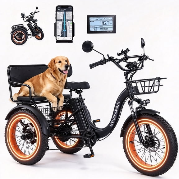 MENGFANMIN Electric Tricycle for Adults, 20”x4.0”Fat Tire Folding Trike Ebike,48V15Ah Battery,750w 3 Wheel Trike With Rear Seat