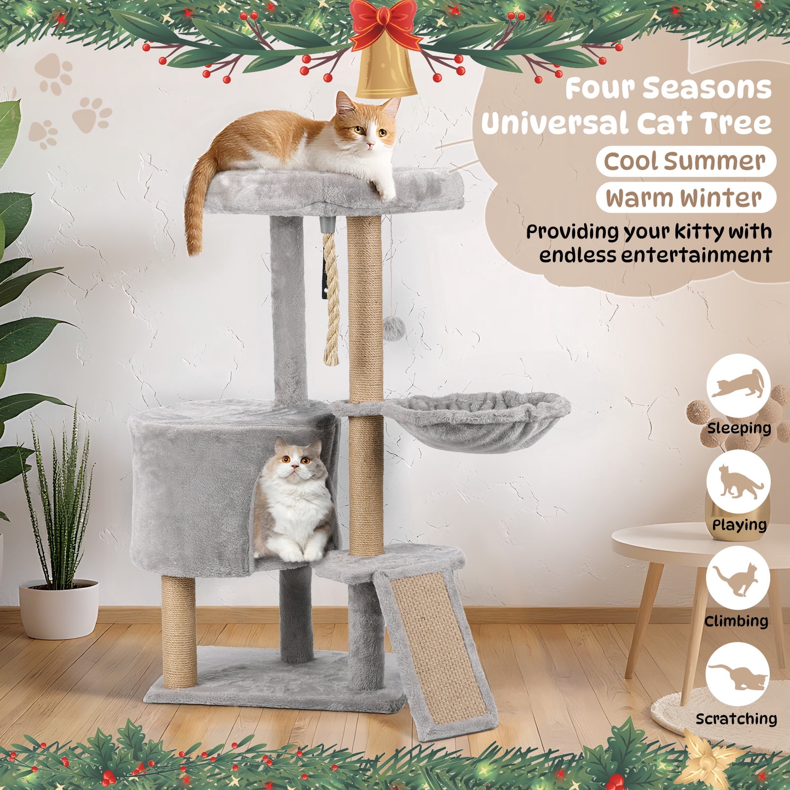 Zephypaws Cat Tree, 42.5-Inches Cat Tower for Indoor Cats, Plush Multi-Level Kitten Cat Condo with Scratching Post,Ramp, Basket, Spacious Cat Cave, Hanging Ball, Light Gray