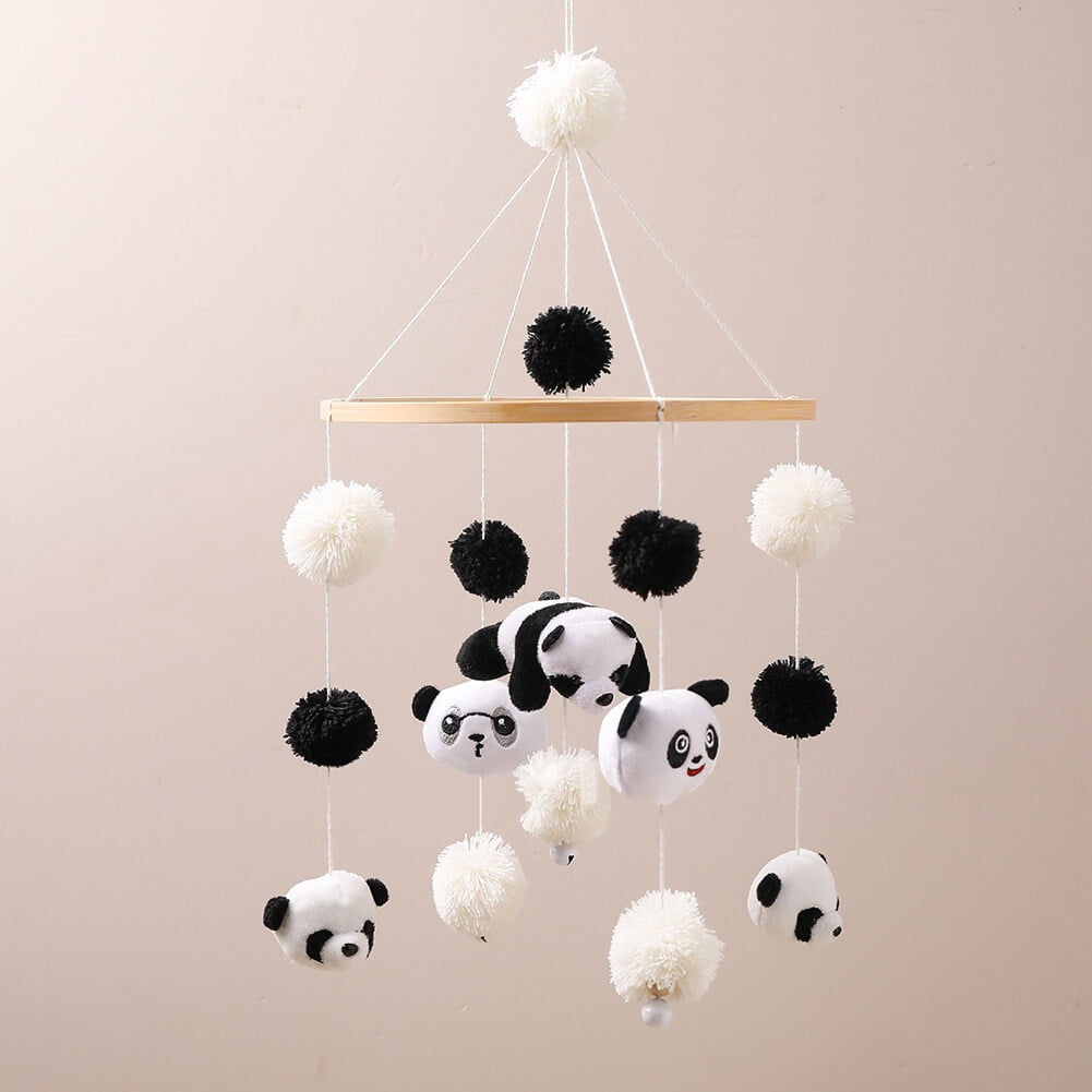 Baby Panda Hair Ball Wind Chime, Wooden Hanging Crib Mobile Toy for Newborns, Nursery & Travel