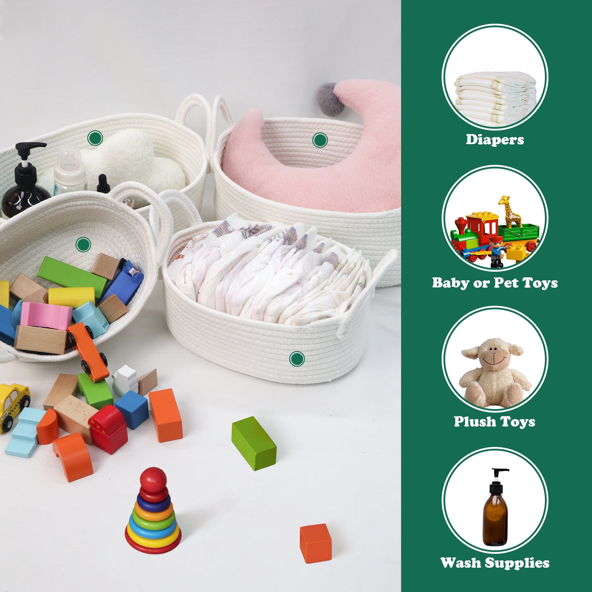 Caroeas 4-Piece Cotton Rope Baskets, Shelf Baskets for Organizing Shelves, Woven Decorative Basket, Nesting Bins for Baby Nursery and Toys, White (4 Sizes)
