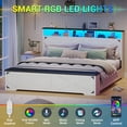 thumbnail image 4 of Queen Size Bed Frame with High Headboard, Farmhouse Platform Bed with LED Lights and Charging Station, Queen Bed Frame with Storage Ottoman, No Box Spring Needed, White, 4 of 6