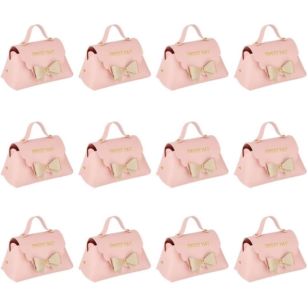 Paquete de 12 cajas de regalo de cuero con lazo y asa, de 13 x 7 x 8 cm, de cuero sintético rosa, para dulces, reutilizables, para fiestas.