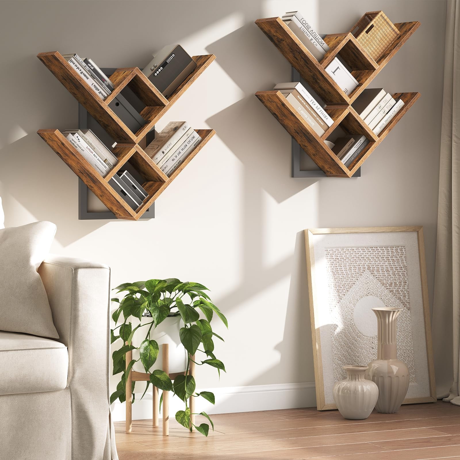 Floating Shelves For Wall  Set Of 2 Mounted 2-tier Wooden Tree Bookshelf Hanging Storage Rack Living Room Kitchen Office Rustic Brown And Black Bf54bjp201