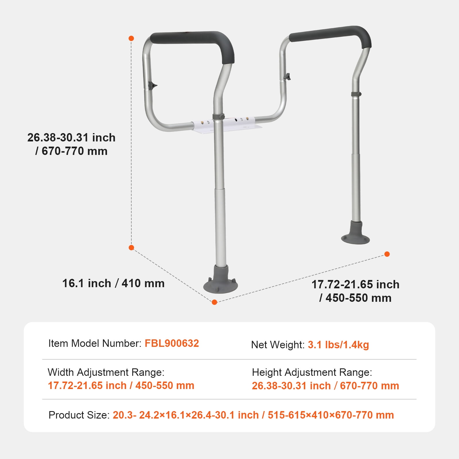 KFFKFF Toilet Support Rail, Adjustable Bathroom Safety Frame for Toilet Seat, Fits Most Toilets, 300lbs Capacity, Equipped with Cushioned Armrests for Elderly, Handicapped, and Disabled Users