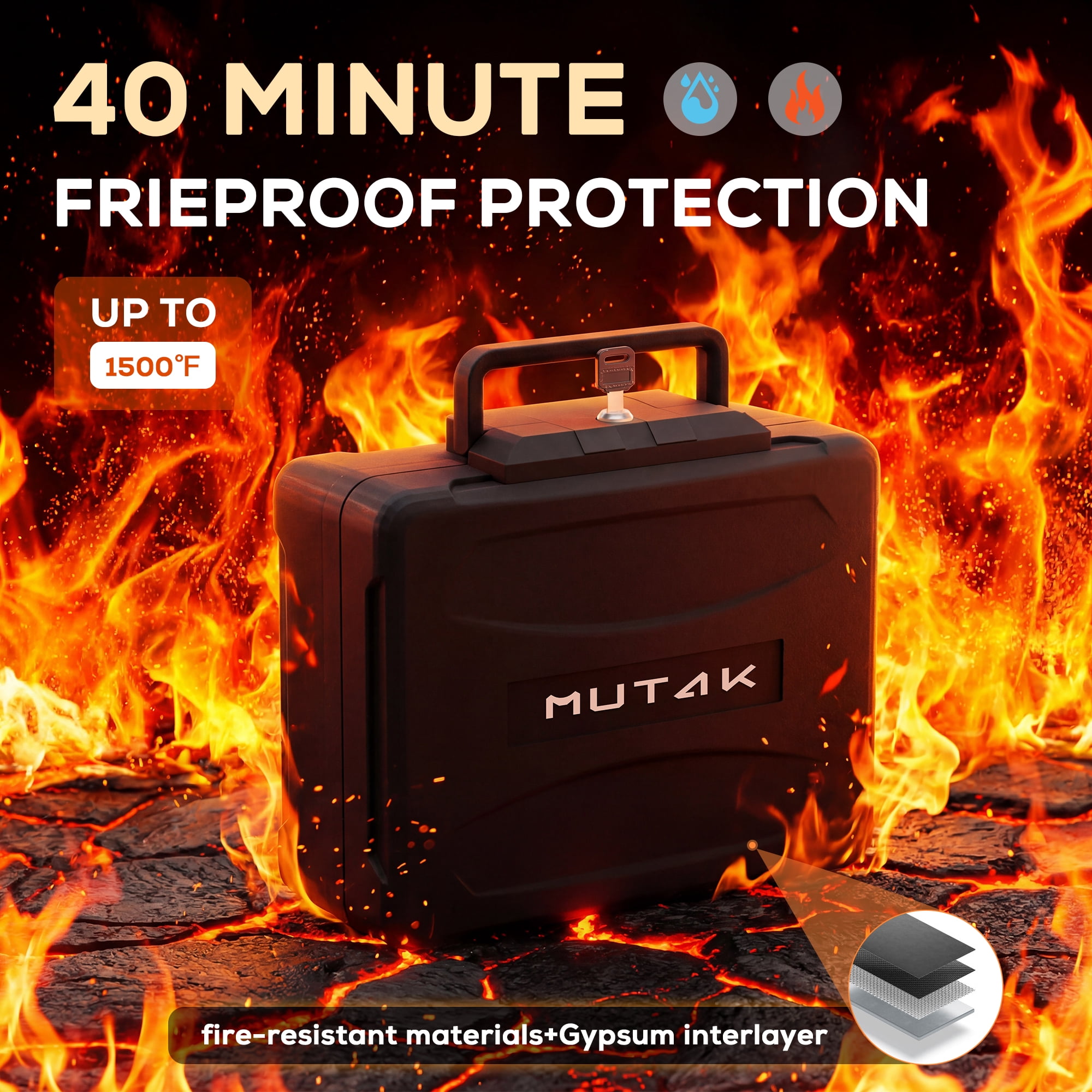 MUTAK Fire-Resistant Box Safe and Water-Resistant Safe with Key Lock, 6.2 Cu. ft., Black