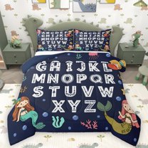 Homewish English Letters Aplhabet Queen Comforter Set,Kids Learning Bedding Sets,Cute Mermaid Princess Bedding Comforter Set For Girls Kids,Breathable Home Decor Reversible,3pcs