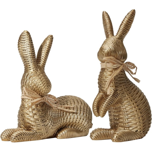 Set of 2 Gold Easter Bunny Figurines, Rattan-Textured Resin Rabbit Statues with Raffia Bow, 8" Standing & 6" Lying Farmhouse Spring Tabletop Decor, Elegant Animal Sculptures for Mantel & Home Office