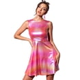 thumbnail image 1 of Vestido acampanado holográfico de cintura alta y cuello redondo sin mangas brillante metálico Clubwear para mujer Rosa caliente M, 1 of 6