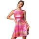 thumbnail image 1 of Vestido acampanado holográfico de cintura alta y cuello redondo sin mangas brillante metálico Clubwear para mujer Rosa caliente M, 1 of 6