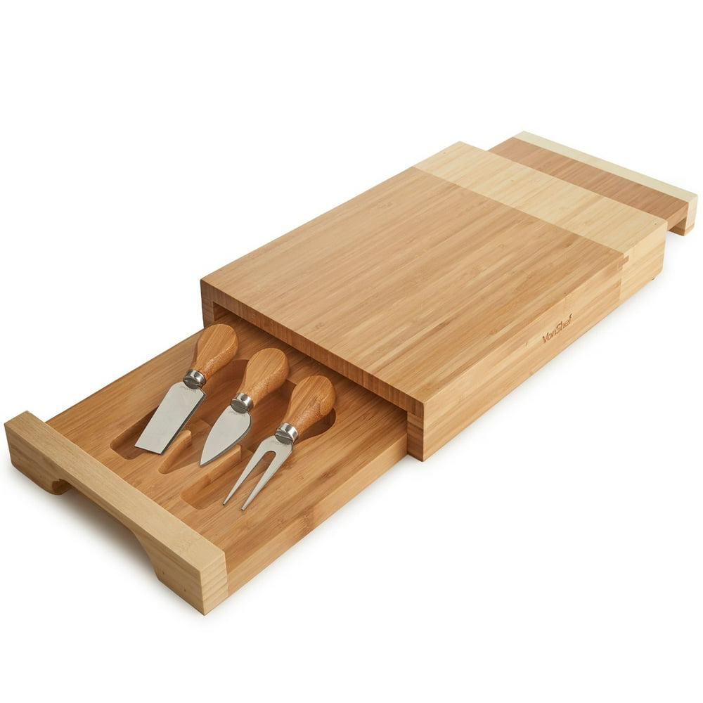 VonShef 3 Layer Tiered Cheese Board Set with Knives, Natural Bamboo