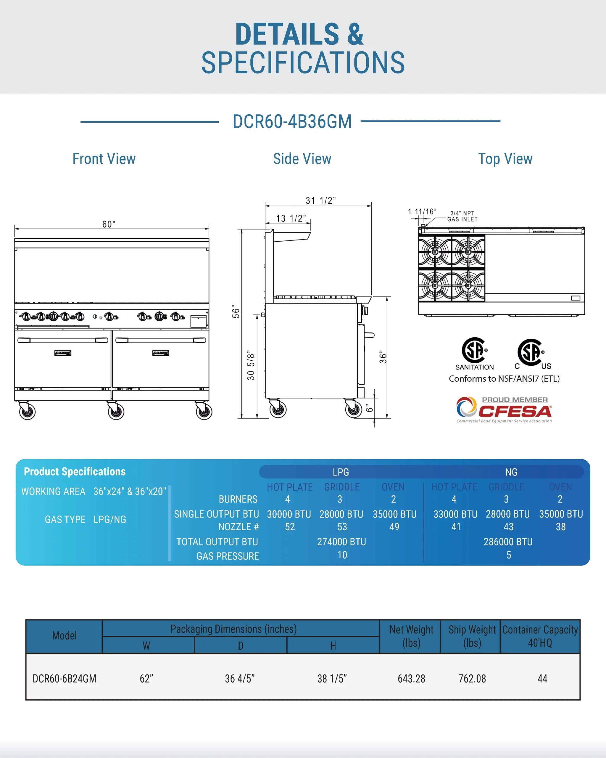 Dukers Stainless Steel  60" Gas Range with 4 Open Burners & 36" Griddle - DCR60-4B36GM 60"