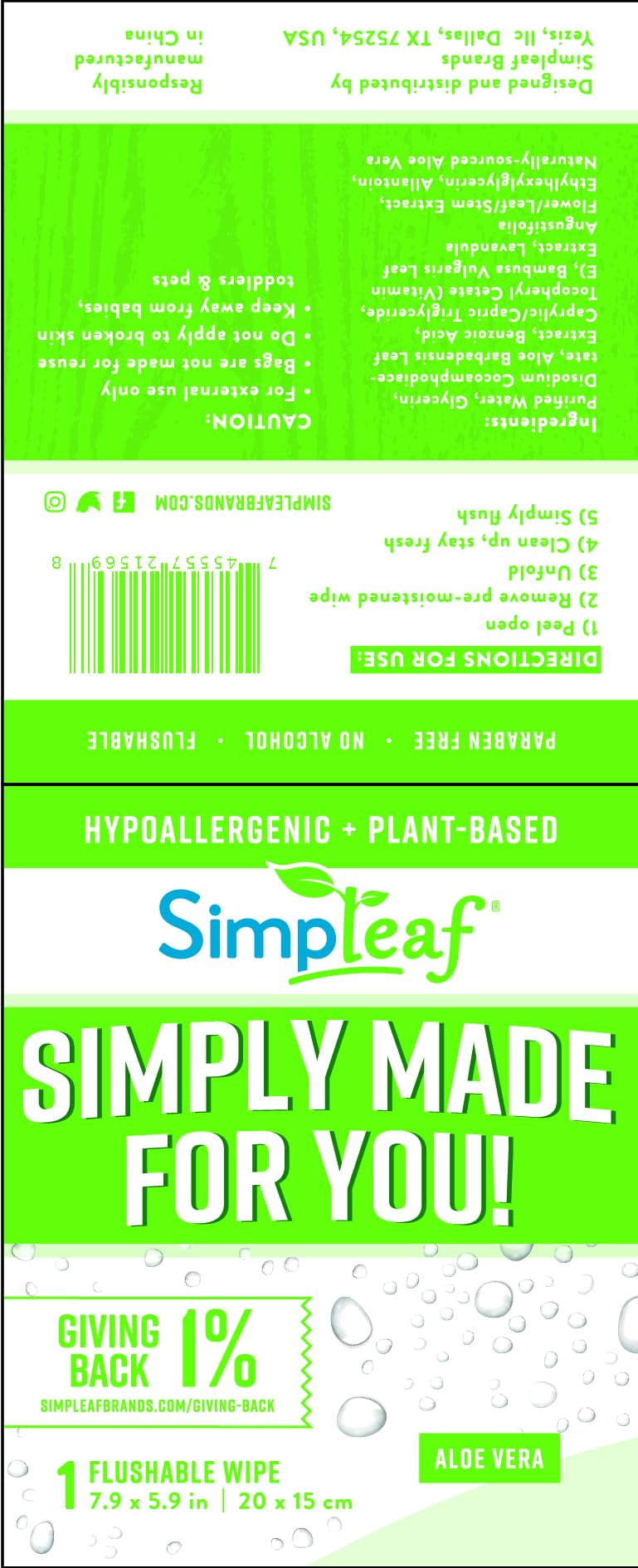 Simpleaf Flushable Single Pack Wet Wipes | Eco- Friendly, Paraben & Alcohol Free | Hypoallergenic & Safe for Sensitive Skin | Aloe Vera | Travel Size | 6 pack -180 Count - Bundle and Save