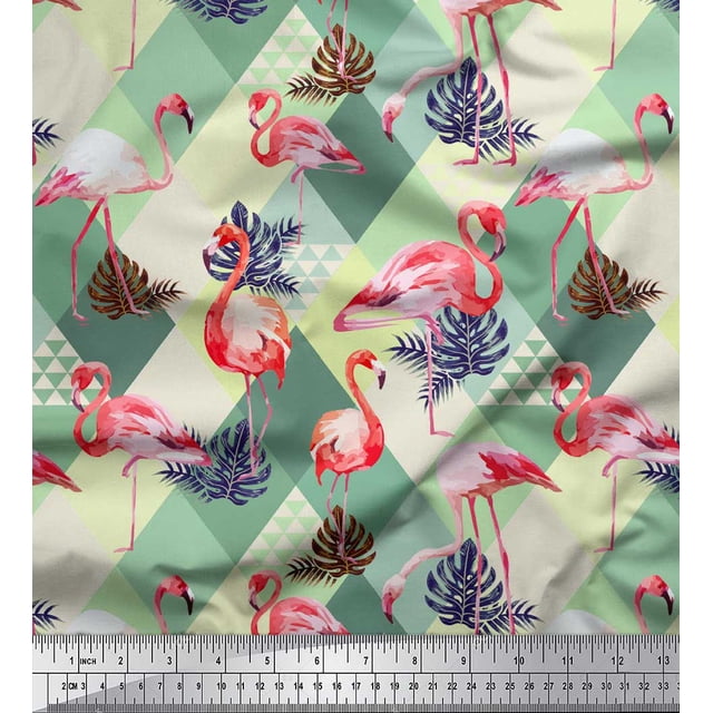 Soimoi Green Georgette Viscose Fabric Flamingo Bird Printed Fabric 1 Yard 44 Inch Wide
