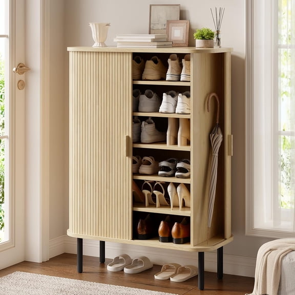 6-Tier Shoe Cabinet with Sliding Door, Wooden Shoe Storage Cabinet with Adjustable Shelves, Mid-Century Modern Freestanding Shoe Storage Organizer for Entryway, Hallway, Living Room, Walnut